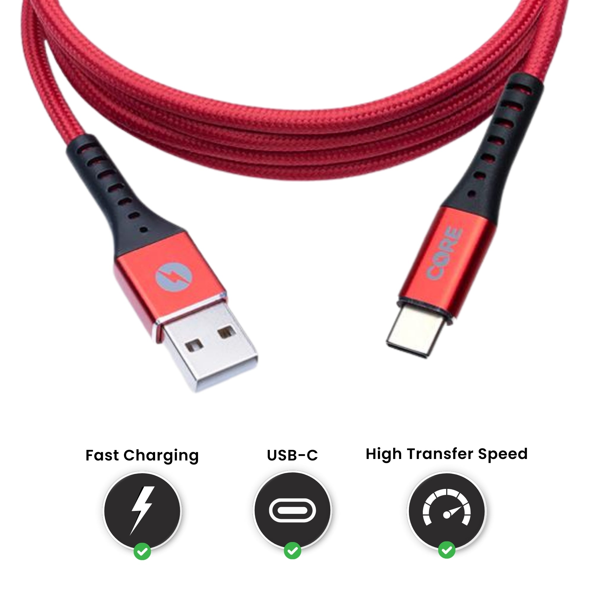A red-colored Core Type C cable with a USB connector on one end and a Type-C connector on the other, branded with the CORE logo.