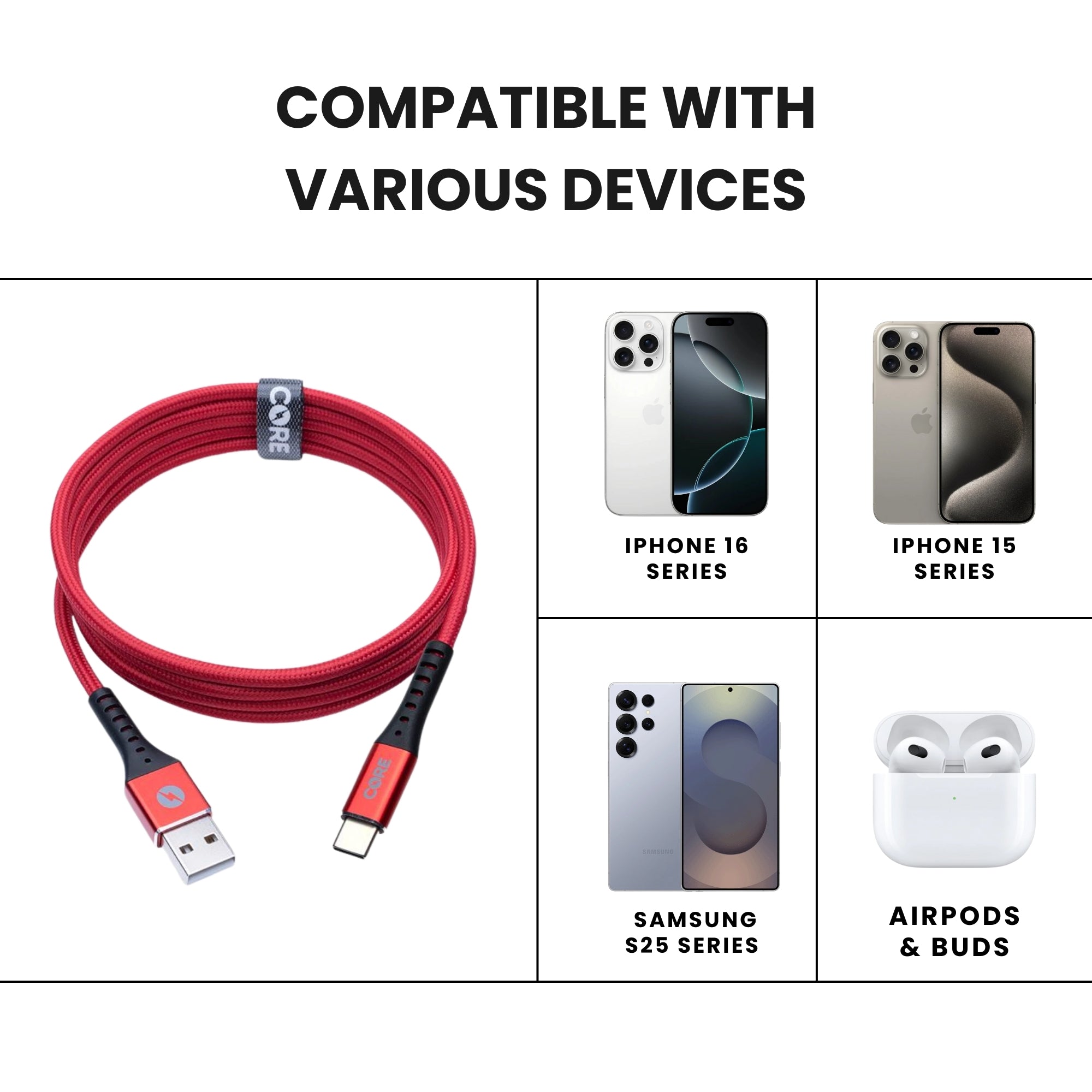 A red-colored Core Type C cable with a USB connector on one end and a Type-C connector on the other, branded with the CORE logo.