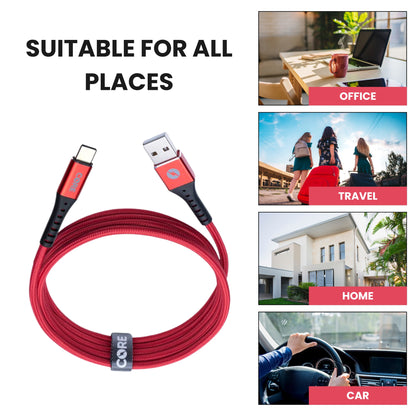 A red-colored Core Type C cable with a USB connector on one end and a Type-C connector on the other, branded with the CORE logo.