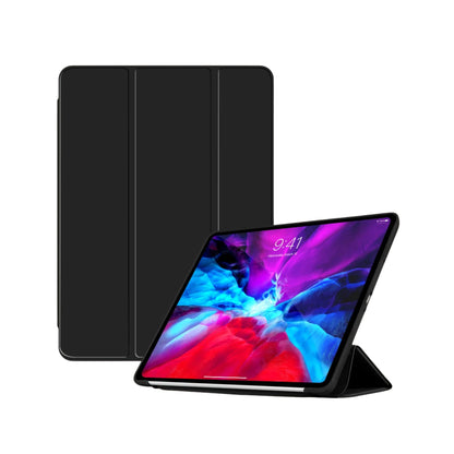 A black foldable case for an iPad, displayed both closed and open with an iPad inside showing a colorful screen.