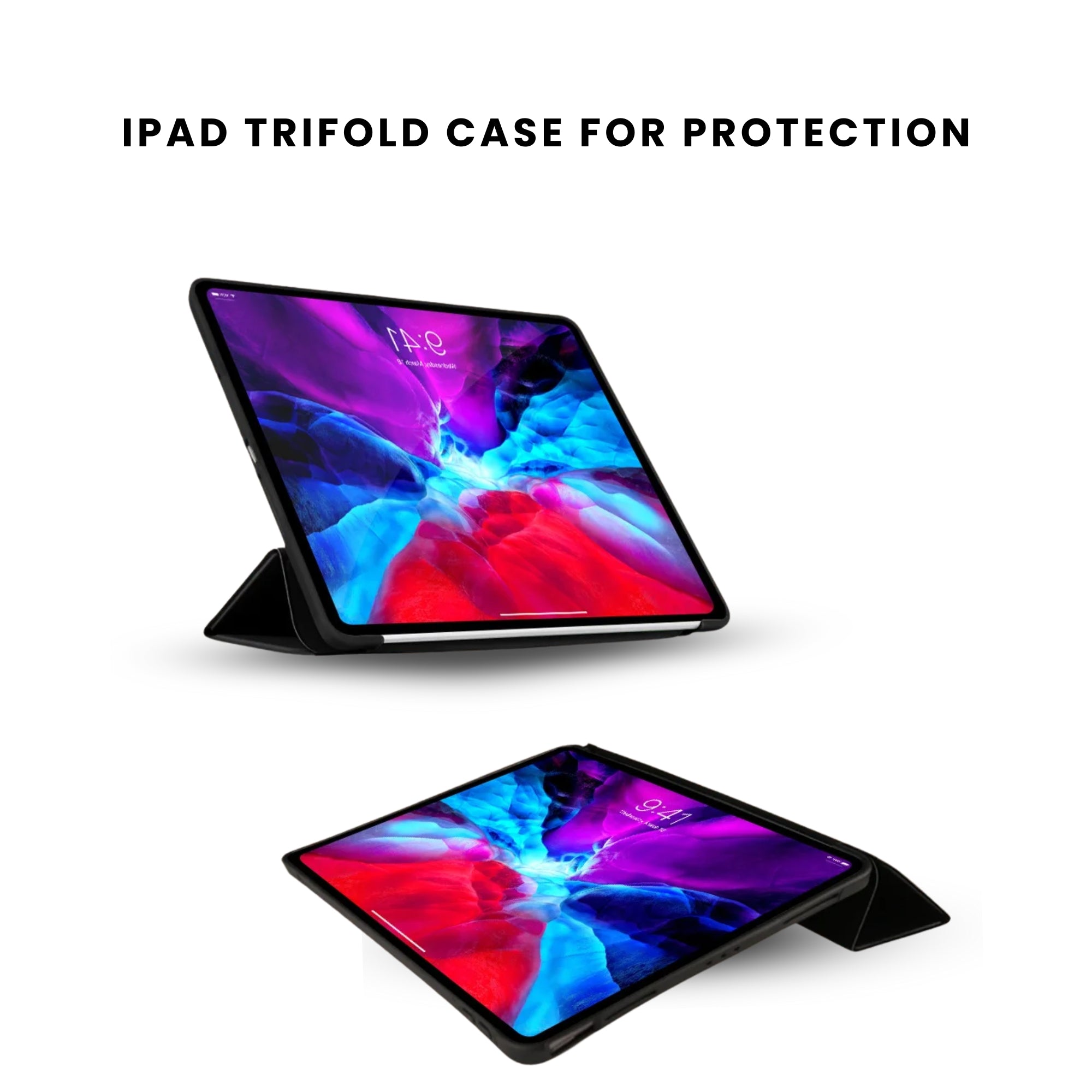 A black foldable case for an iPad, displayed with an iPad inside showing a colorful screen.