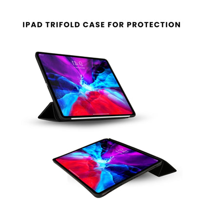 A black foldable case for an iPad, displayed with an iPad inside showing a colorful screen.