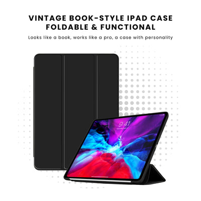 A black foldable case for an iPad, displayed both closed and open with an iPad inside showing a colorful screen.