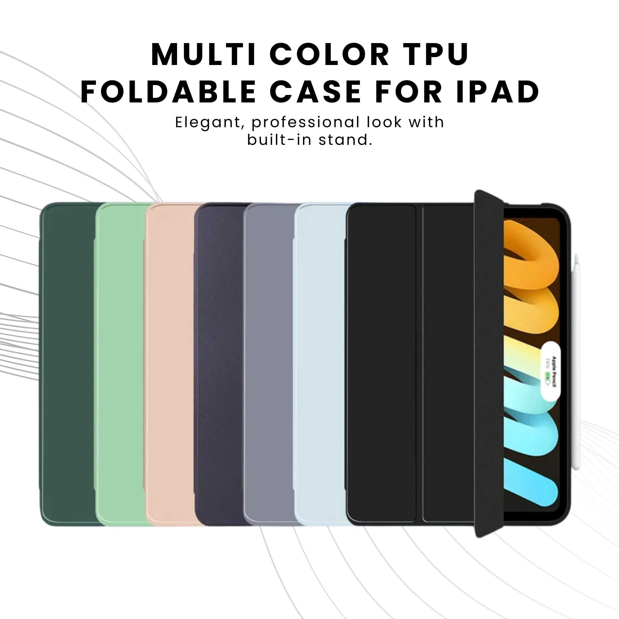 Multi color foldable cases for iPad and an iPad inside showing a colorful screen.