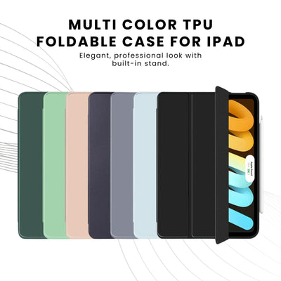 Multi color foldable cases for iPad and an iPad inside showing a colorful screen.