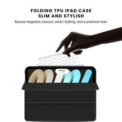 A black foldable case for an iPad, displayed as half closed and half open with an iPad inside showing a colorful screen.