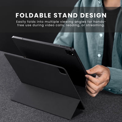 A black foldable case for an iPad, displayed open with an iPad.