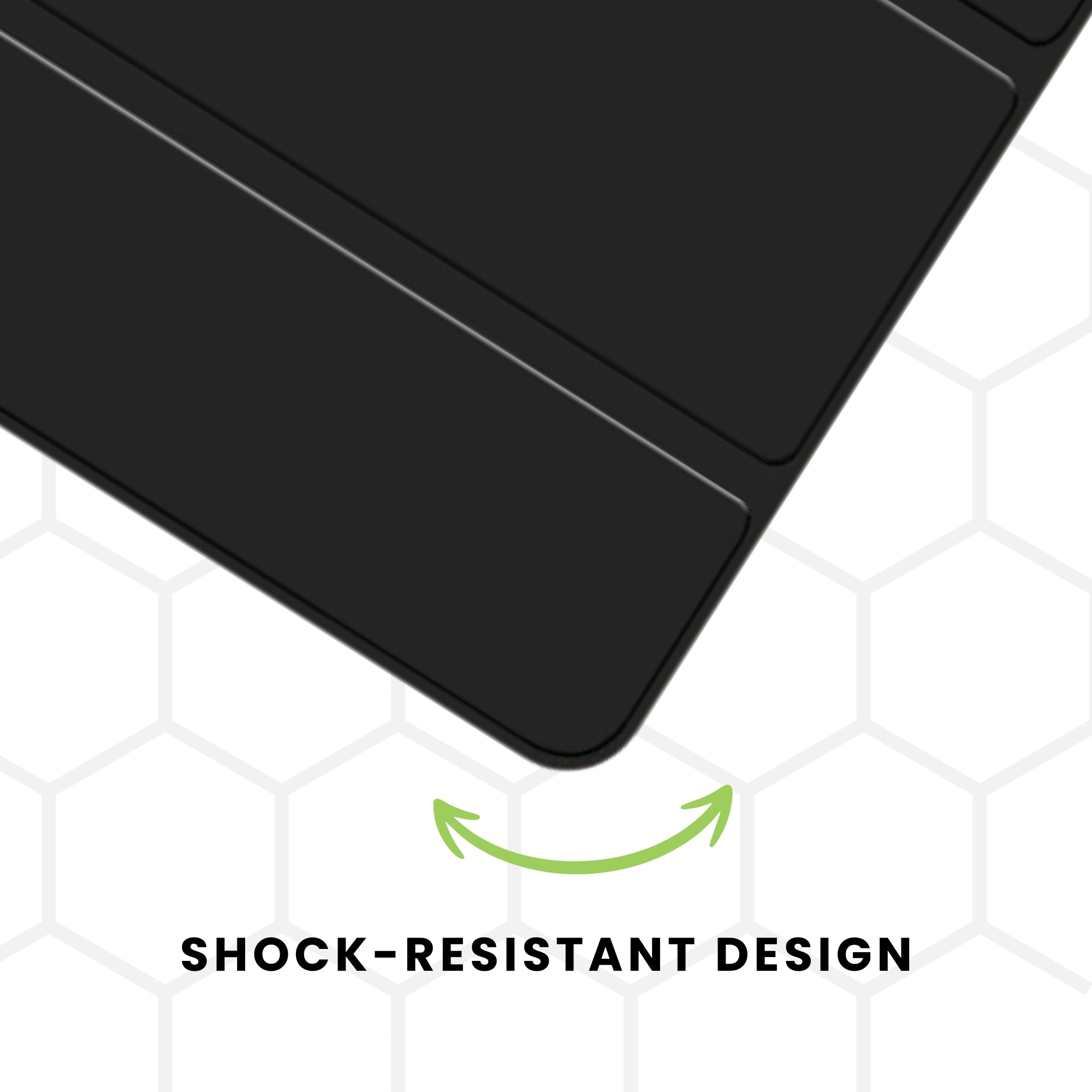 A black foldable case for an iPad showing shocked resistant design.