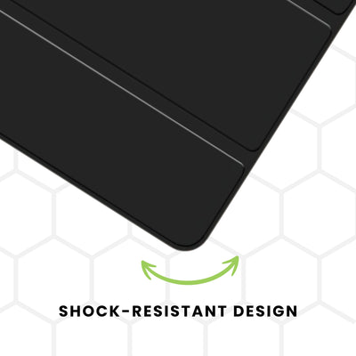A black foldable case for an iPad showing shocked resistant design.