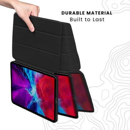 Black foldable case for an iPad, open with an iPad inside showing a colorful screen.