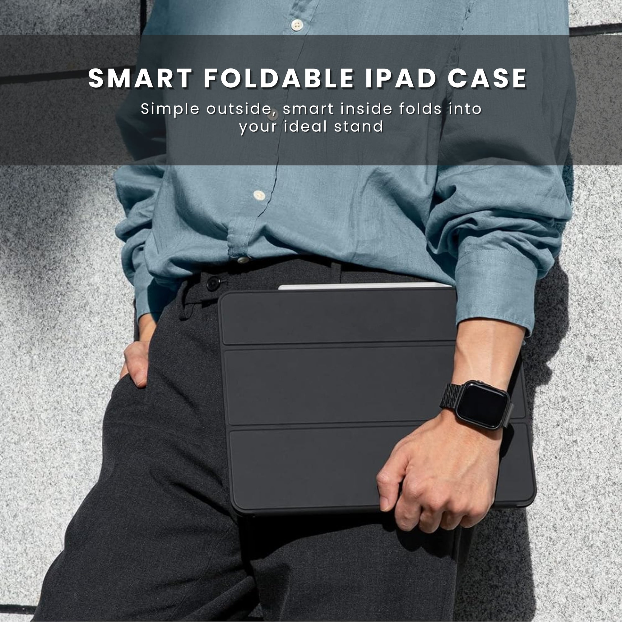 A black foldable case for an iPad.