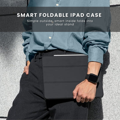 A black foldable case for an iPad.