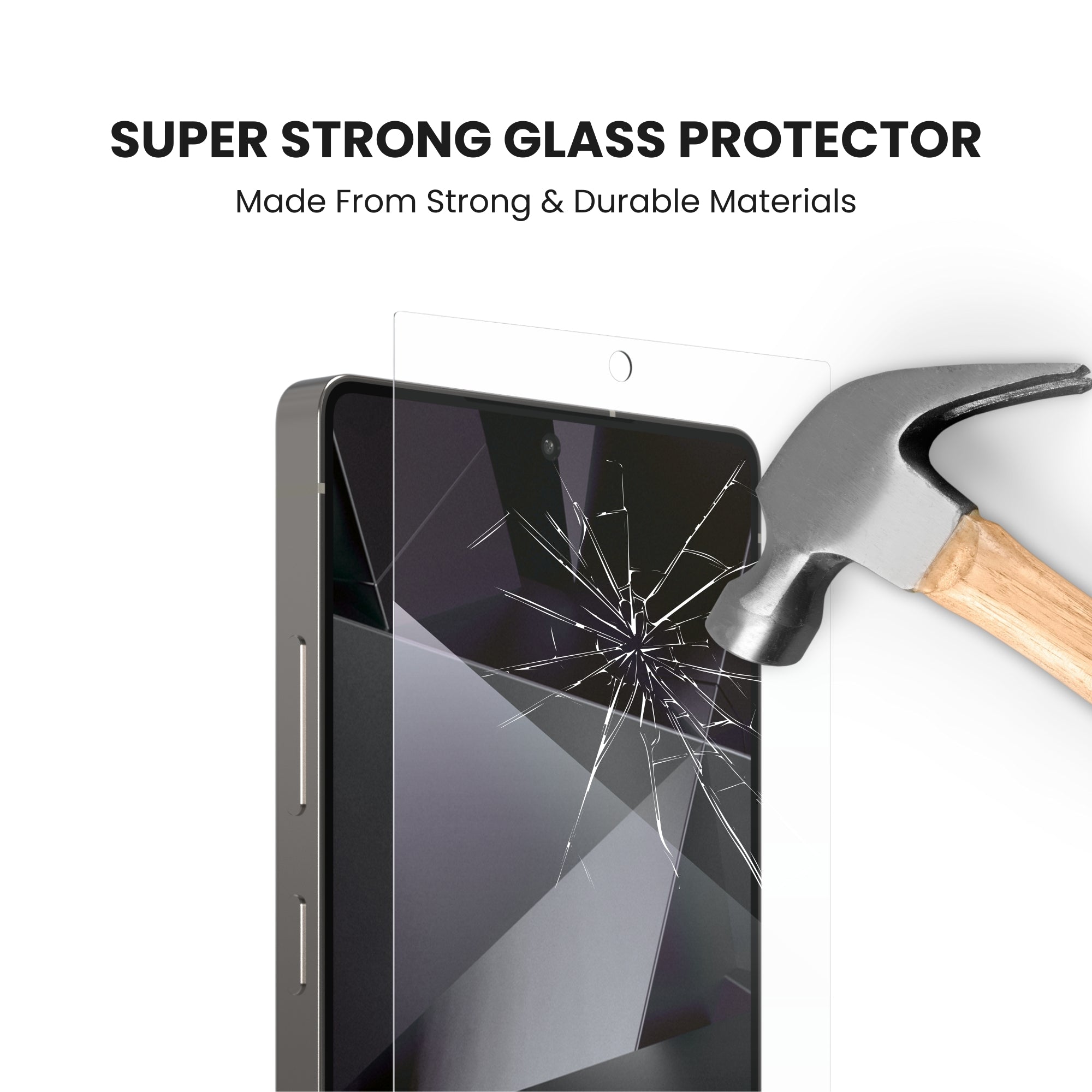 A clear glass screen protector for the Samsung Galaxy S series with super strong glass displayed on a plain background.