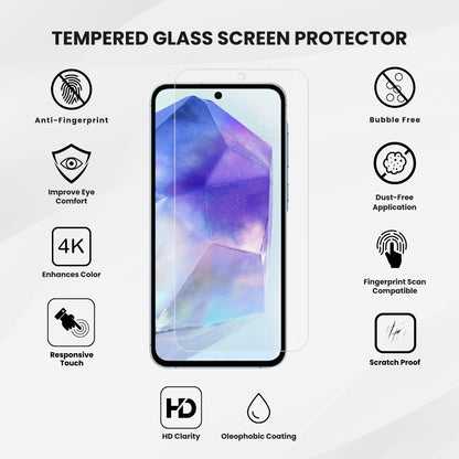 A glass screen protector for all Samsung A Series smartphones, displayed on a plain background with all features written along with the phone.