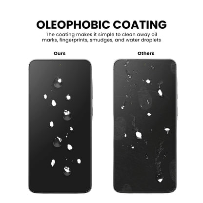 A glass screen protector for all Samsung A Series smartphones with oleophobic coating, displayed on a plain background.