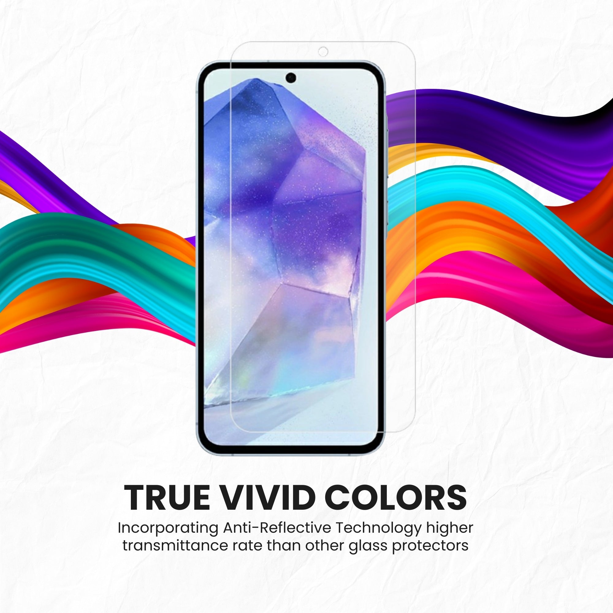 A glass screen protector for all Samsung A Series smartphones, displayed on a plain-colorful background.
