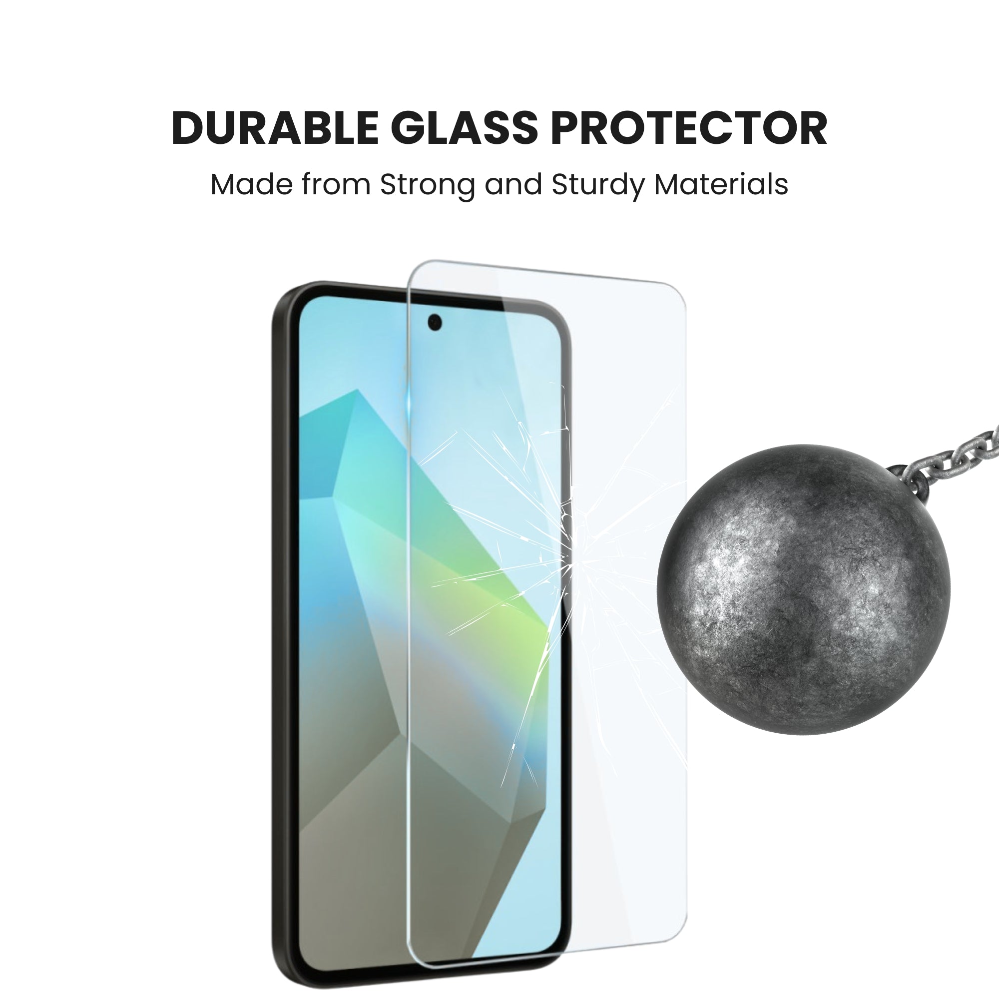 A glass screen protector for all Samsung A Series smartphones with strong and durable material, displayed on a plain background.