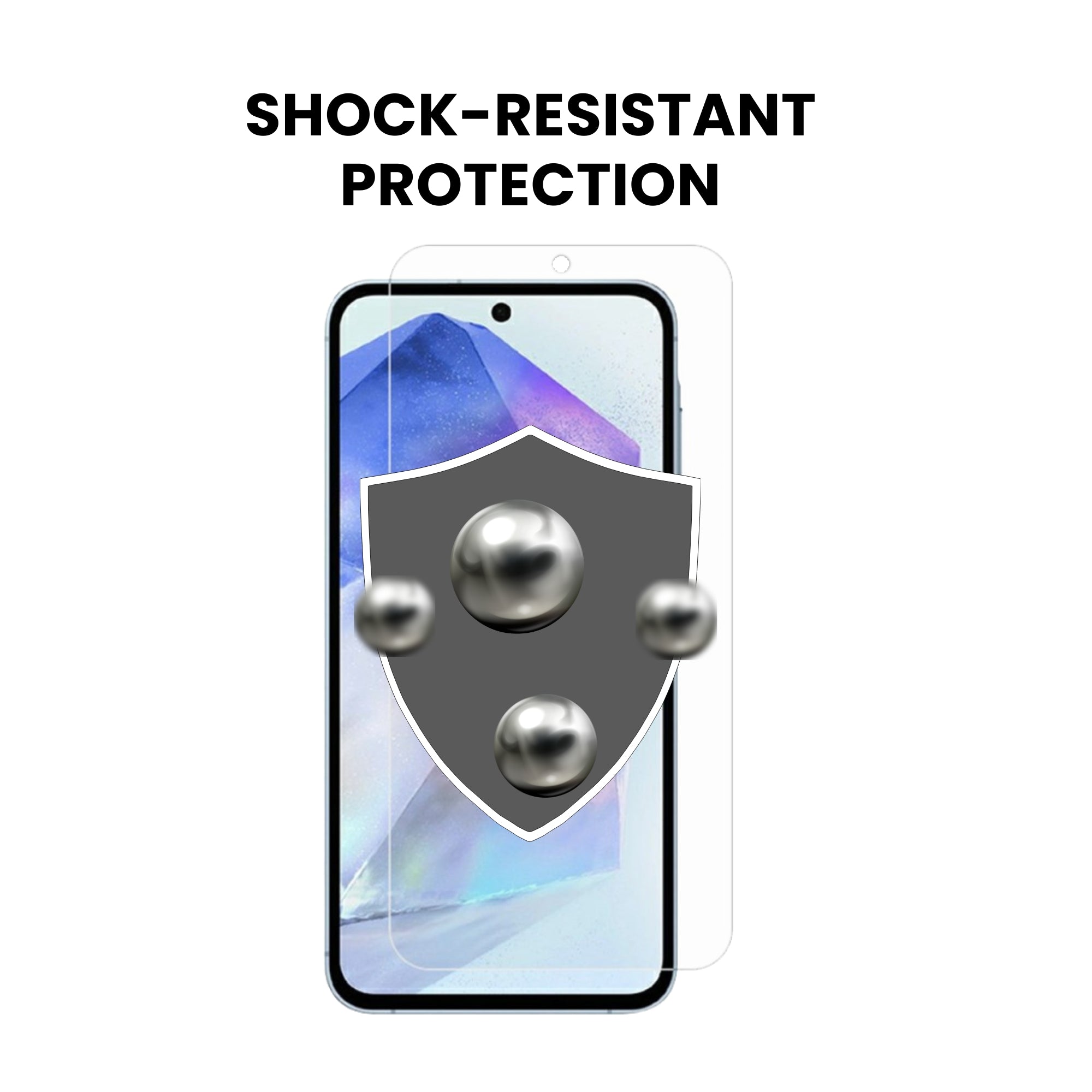 A glass screen protector for all Samsung A Series smartphones with shock-resistant protection, displayed on a plain background.