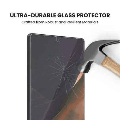 A clear glass screen protector for the Samsung Note series with ultra durable protection displayed on a plain background.