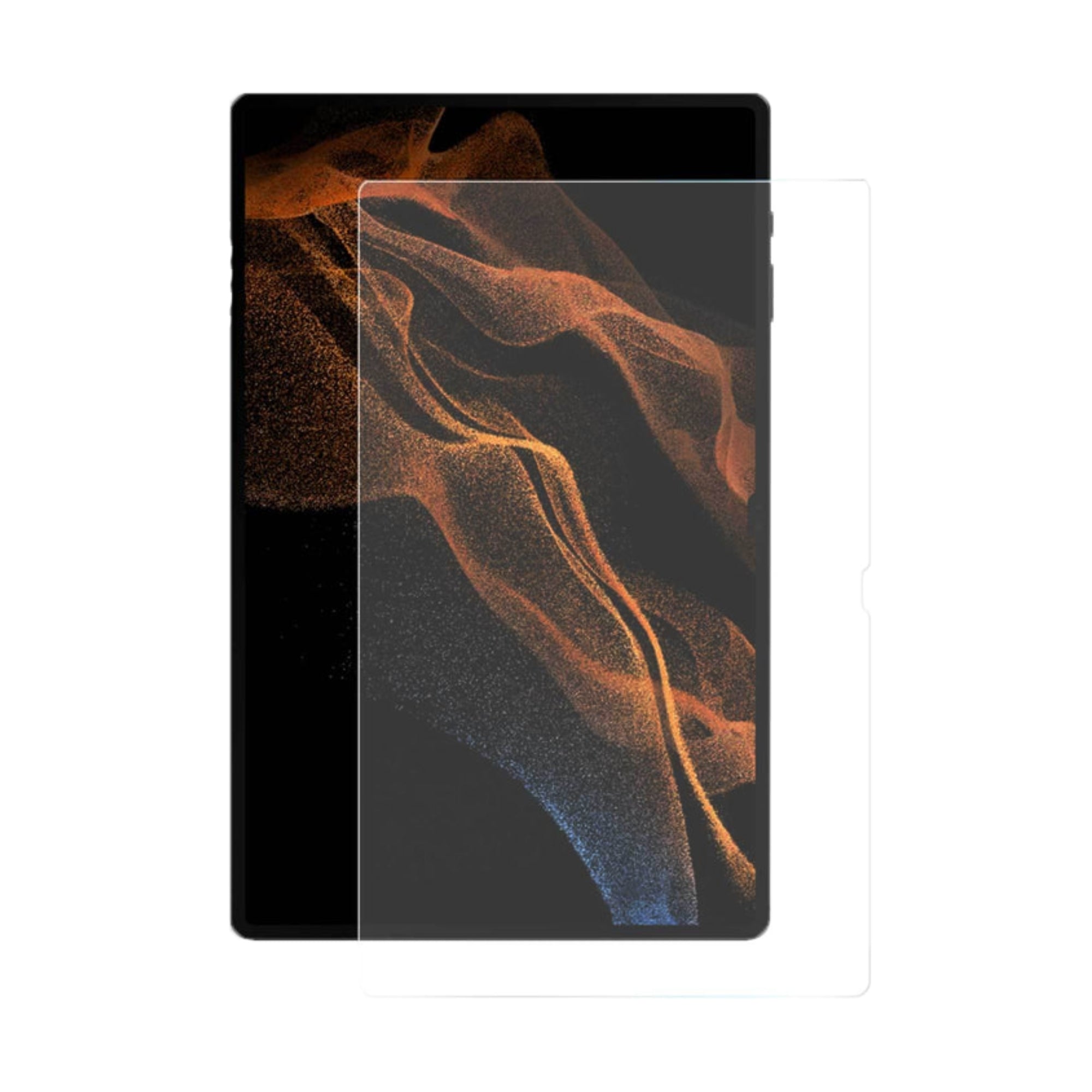 A glass screen protector for Samsung tablet with a black and orange design on the screen.