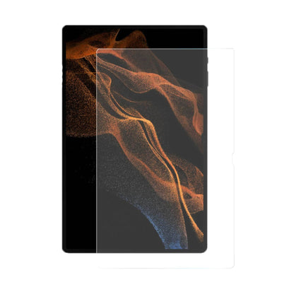A glass screen protector for Samsung tablet with a black and orange design on the screen.