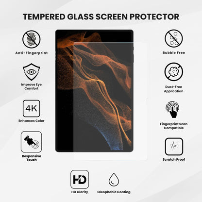 A tempered glass screen protector for Samsung tablet with all of it features displayed over a plain background.