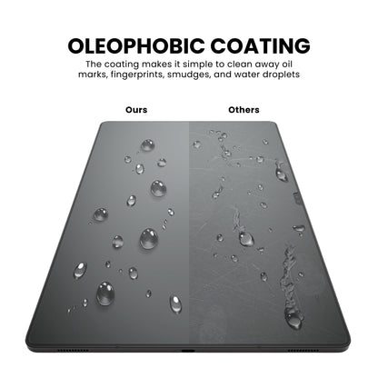 A tempered glass screen protector for Samsung tablet with oleophobic coating displayed over a plain background.