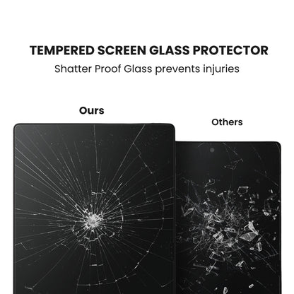 A tempered glass screen protector for Samsung tablet with shatterproof glass displayed over a plain background.