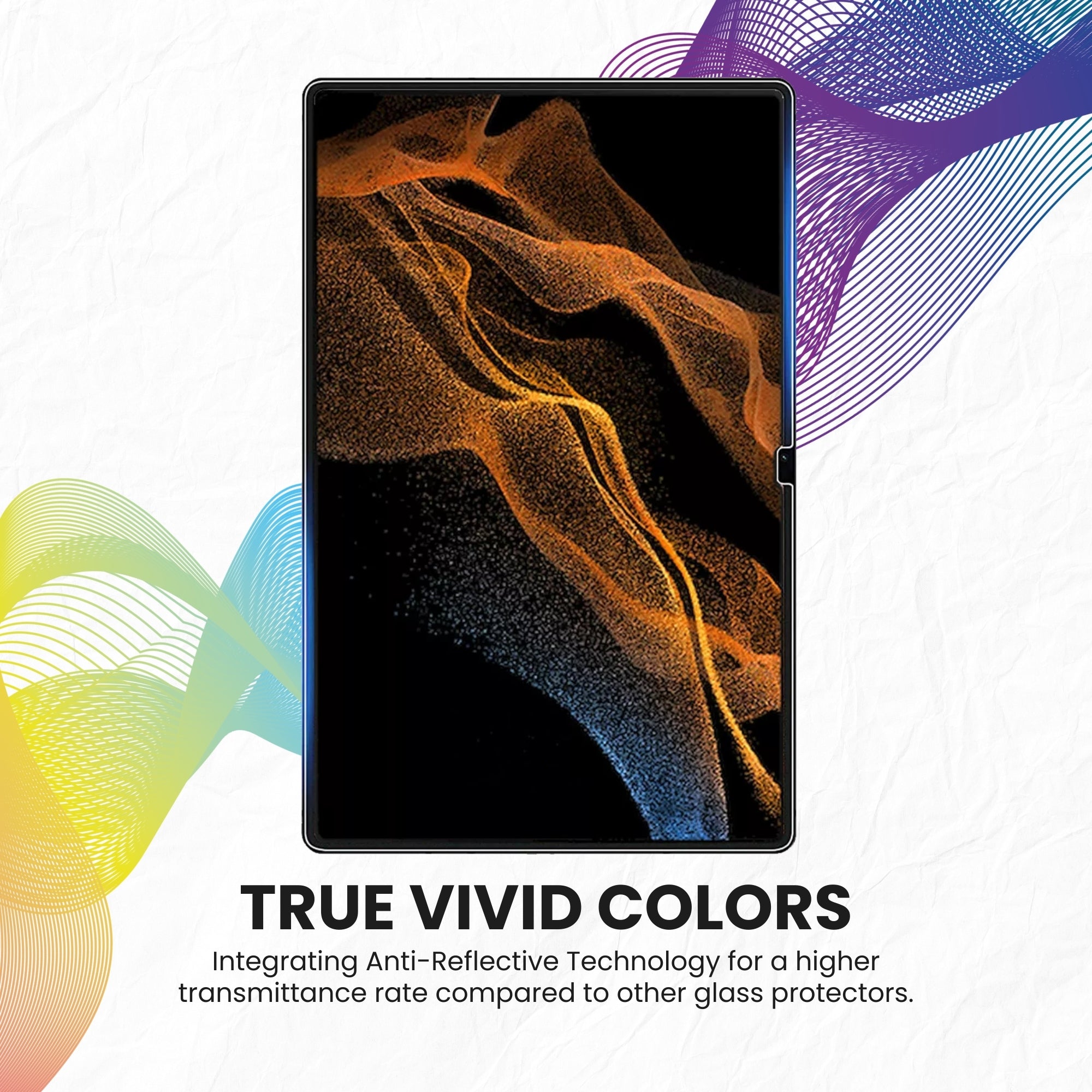 A tempered glass screen protector for Samsung tablet with true vivid colors displayed over a plain background.