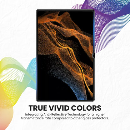A tempered glass screen protector for Samsung tablet with true vivid colors displayed over a plain background.