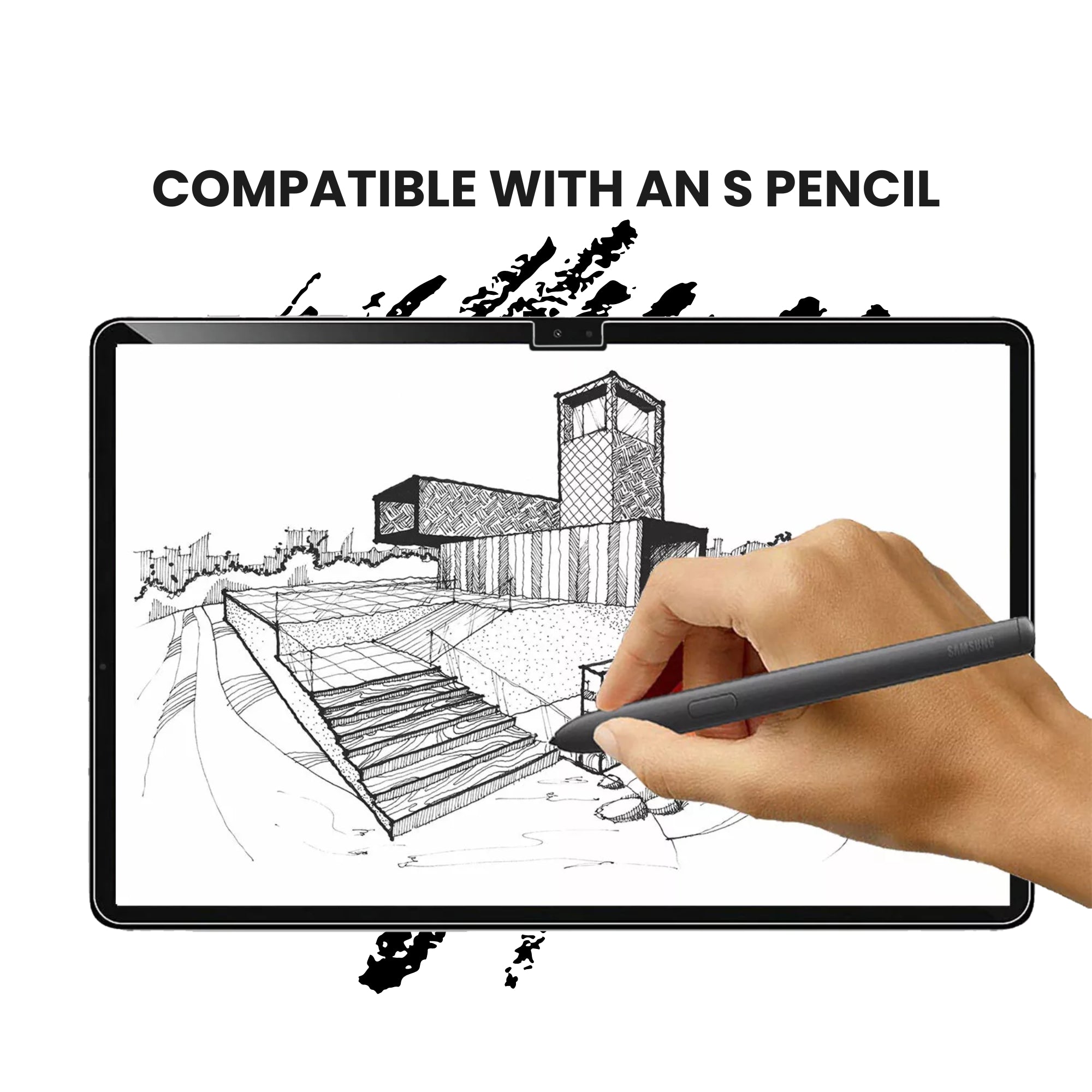 A tempered glass screen protector for Samsung tablet with S pencil compatibility displayed over a plain background.