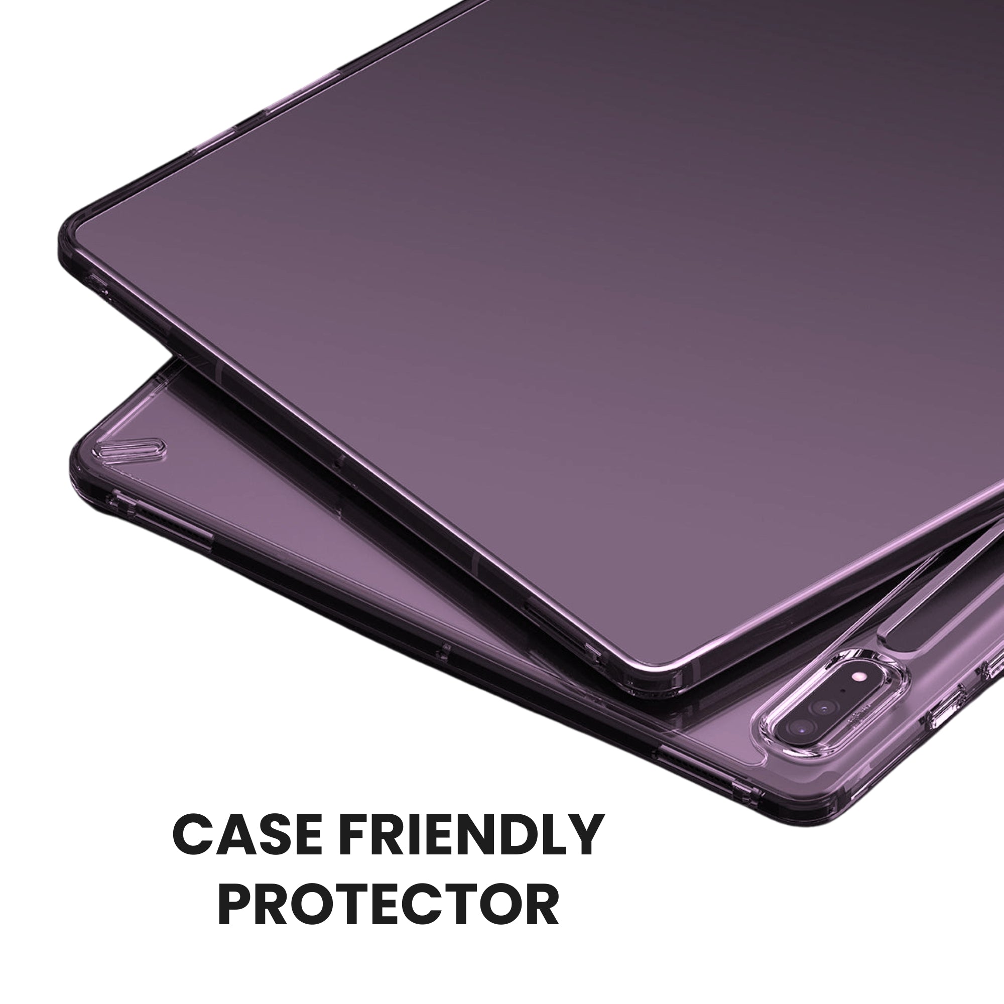 A tempered glass screen protector for Samsung tablet with case friendly fitting displayed over a plain background.
