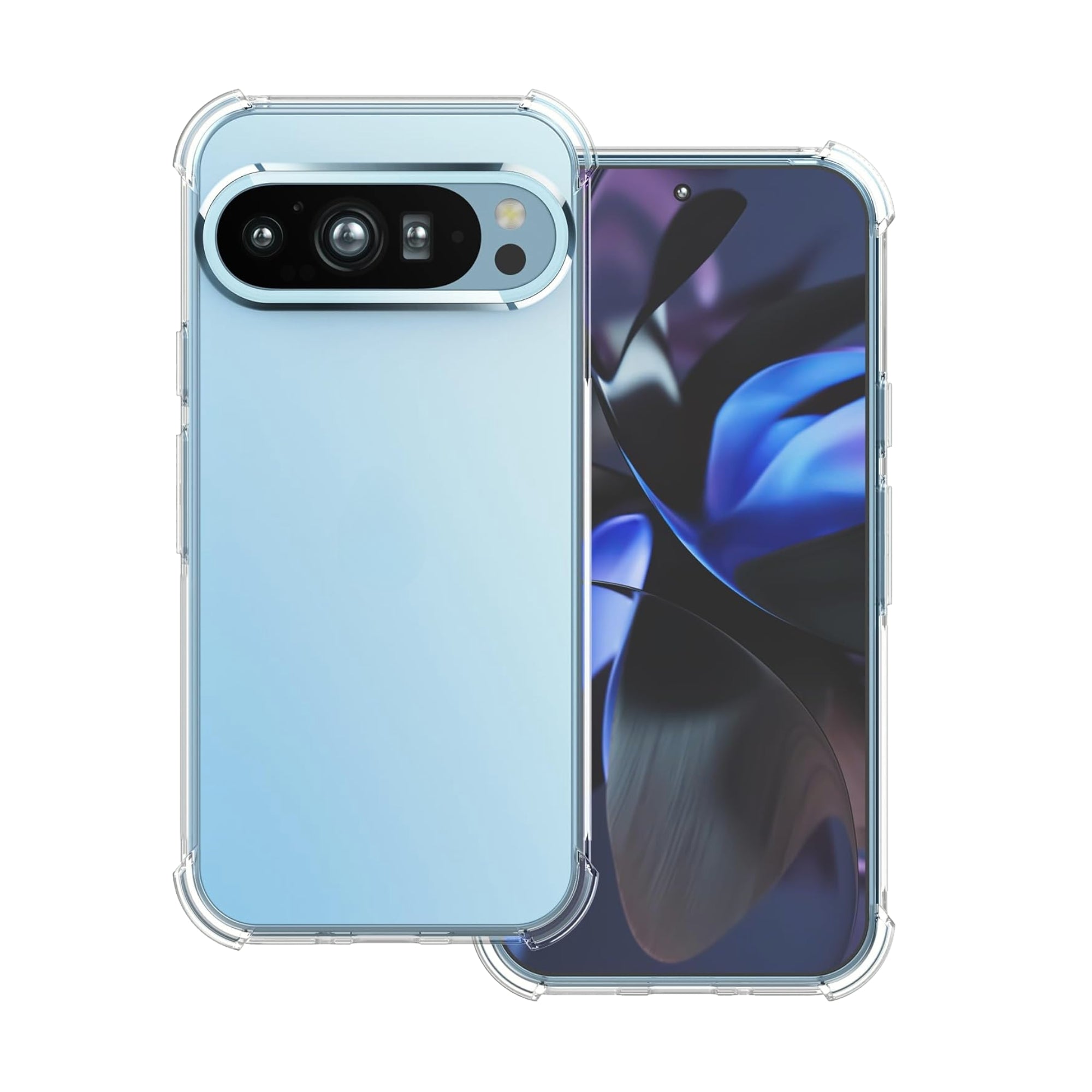 A clear phone case with a camera cutout on the back, designed for Google Pixel smartphones.