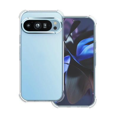 A clear phone case with a camera cutout on the back, designed for Google Pixel smartphones.