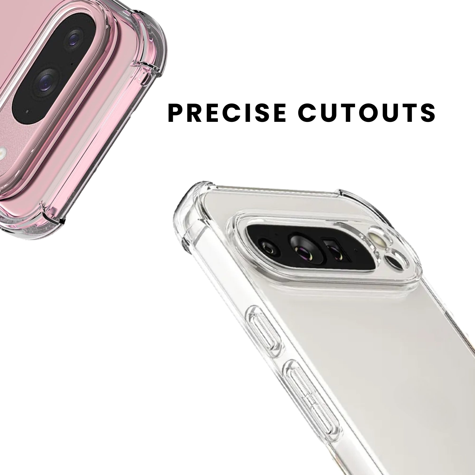Clear phone cases with camera cutouts on the back, designed for Google Pixel smartphones.