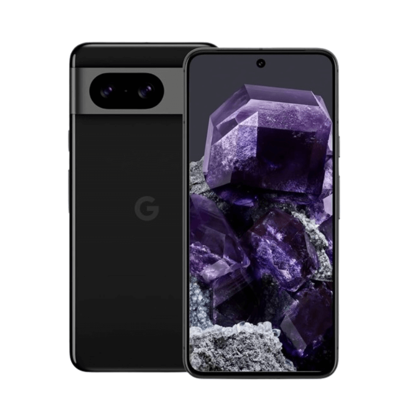 Black Google pixel phone with purple crystal design on screen against a white background