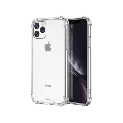A clear plastic case for iPhone 11 Pro Max with raised bezels and a transparent back cover, showcasing the phone's screen and buttons.