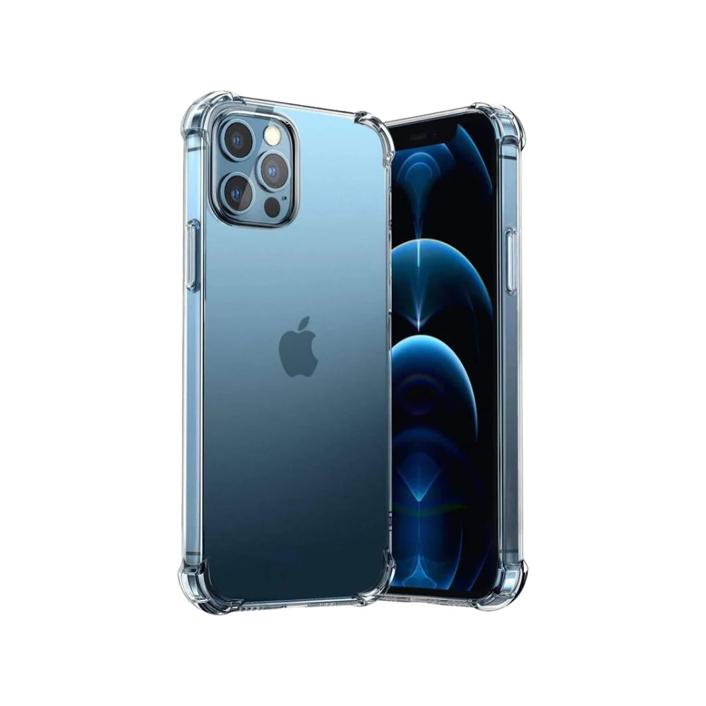 A clear protective case for iPhone 12 Pro Max, showcasing the phone's screen and camera without any visible branding or patterns.