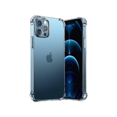 A clear protective case for iPhone 12 Pro Max, showcasing the phone's screen and camera without any visible branding or patterns.