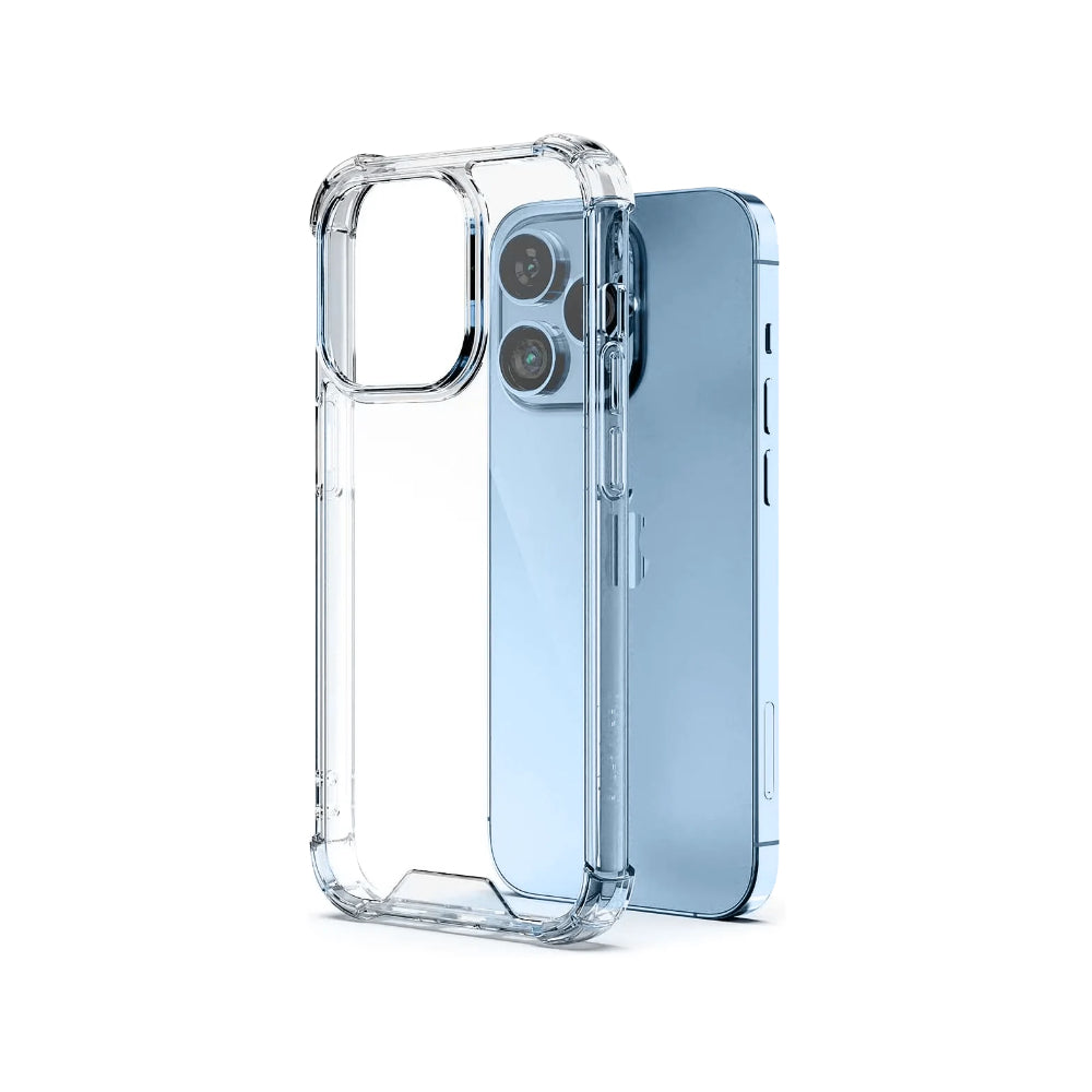 A clear plastic case for iPhone 13 Pro Max with a hard bumper, showing the phone's screen and buttons.