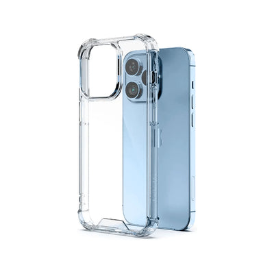 A clear plastic case for iPhone 13 Pro Max with a hard bumper, showing the phone's screen and buttons.