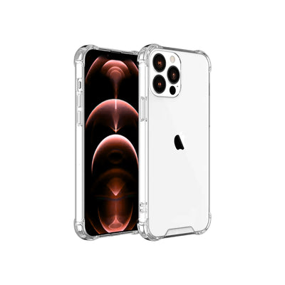 A clear plastic back case for iPhone 13 Pro with a visible screen and buttons, showcasing the front and back view of the case.
