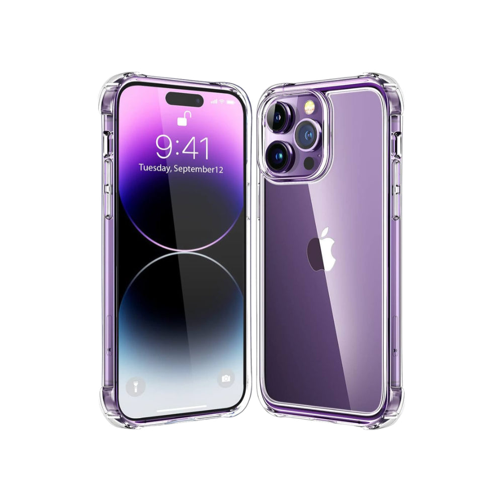 A clear protective case for iPhone 14 Pro, showcasing the phone's screen and camera without adding bulk.