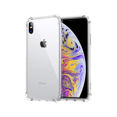 A clear iPhone XS Max Gorilla case made with PC and TPU materials, showcasing the phone's screen and camera.