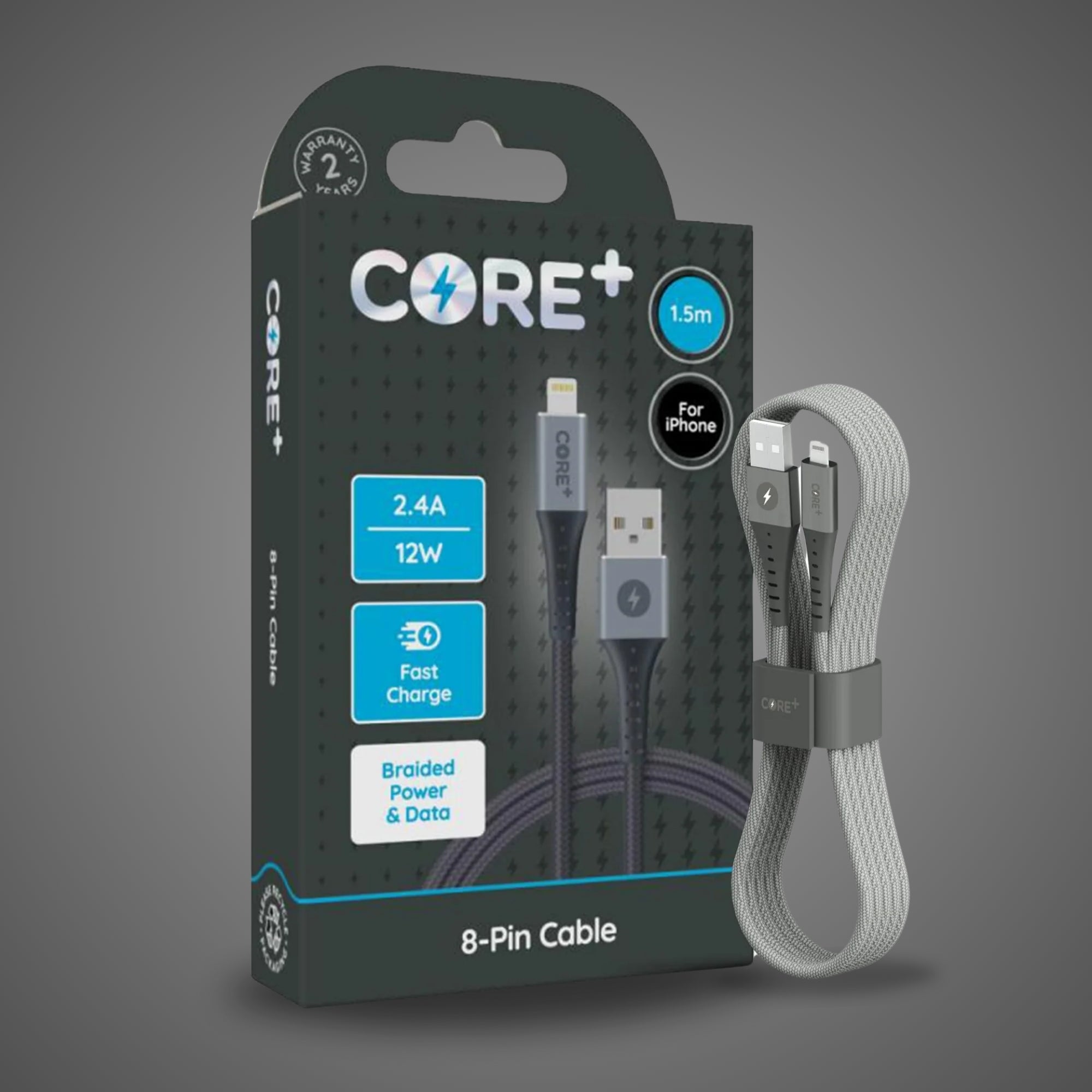 Core Braided Grey 1.5 Metre Charging Cable for iPhone and iPad