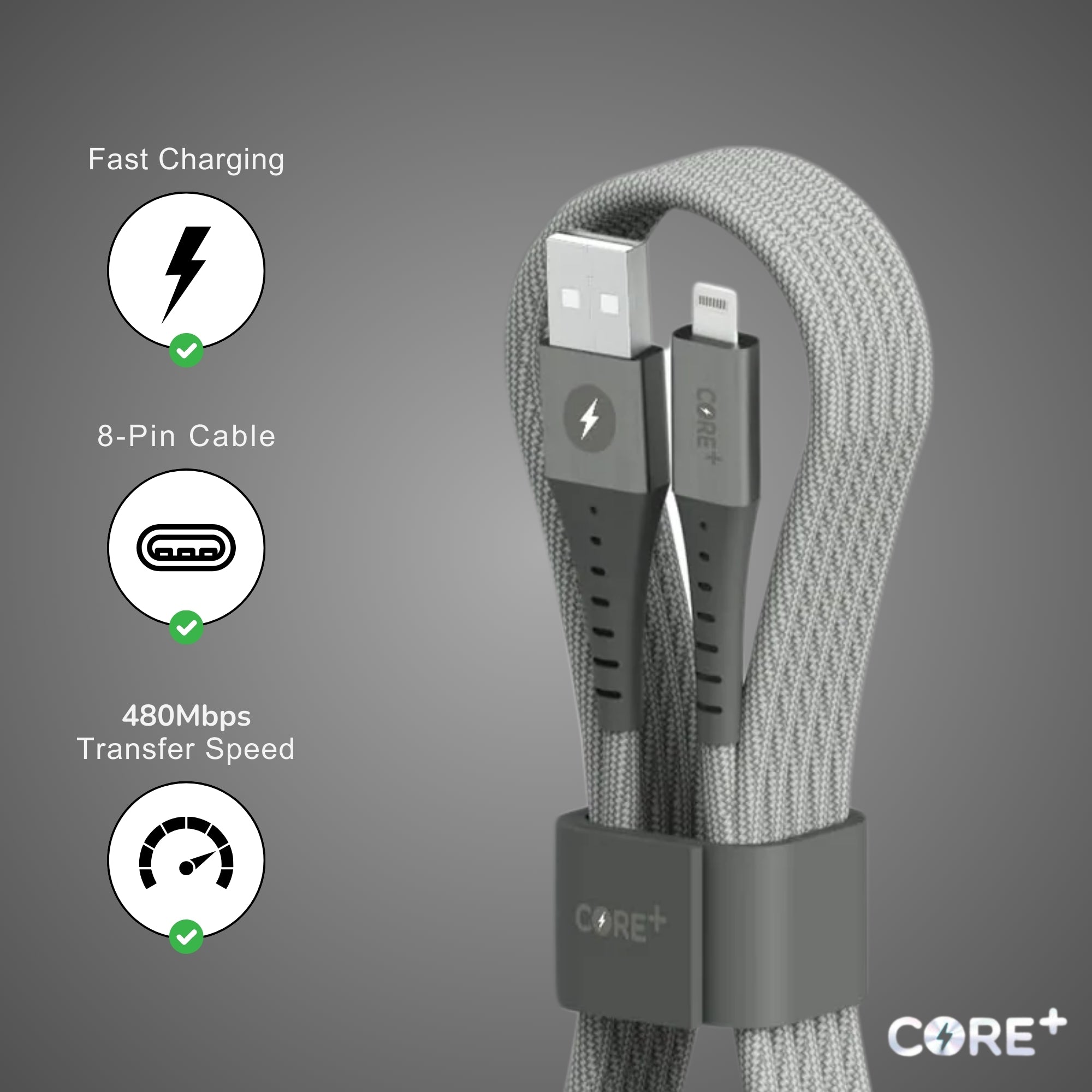 Core Braided Grey 1.5 Metre Charging Cable for iPhone and iPad with fast charging