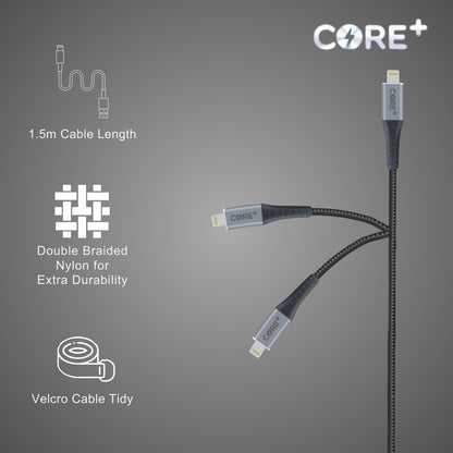 Core Braided Grey 1.5 Metre Charging Cable for iPhone and iPad