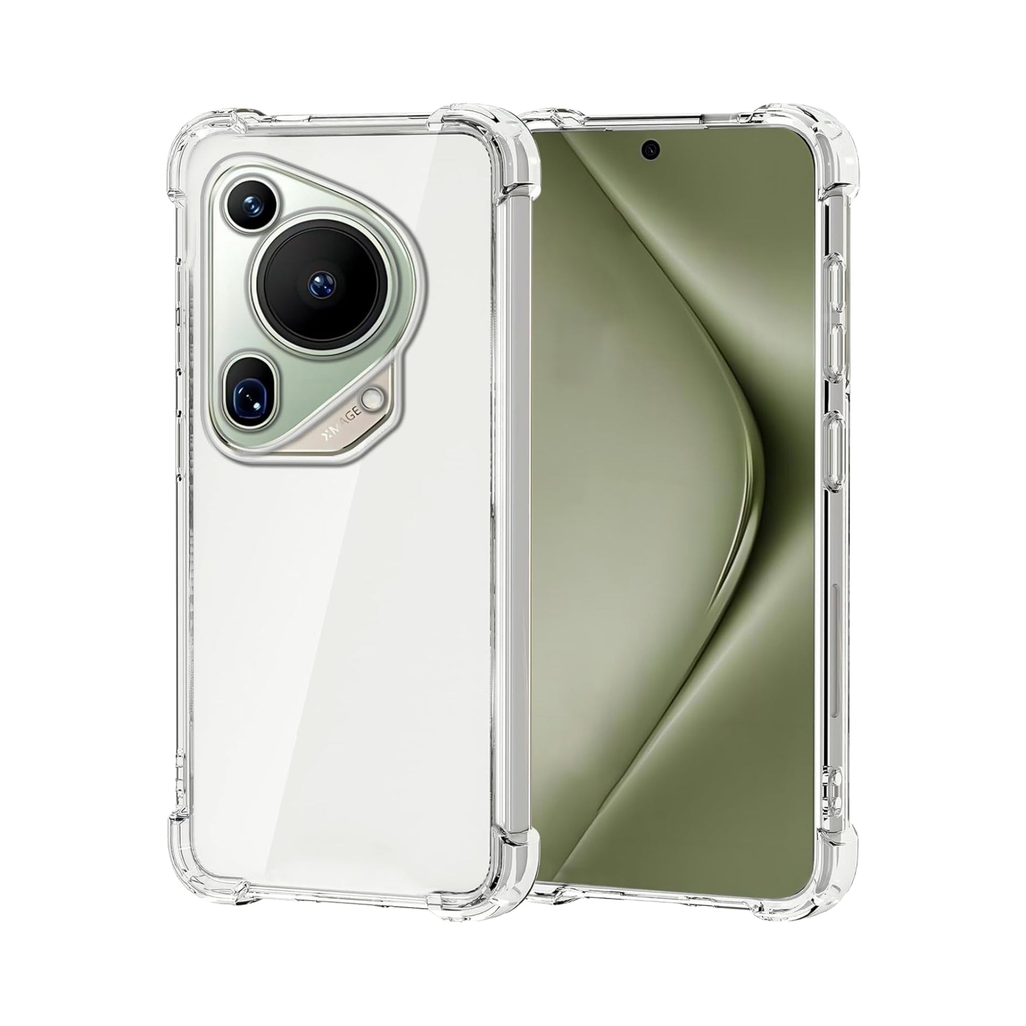 A clear protective case for a Huawei smartphone, showing the back and side view with raised bezels for screen and camera protection.