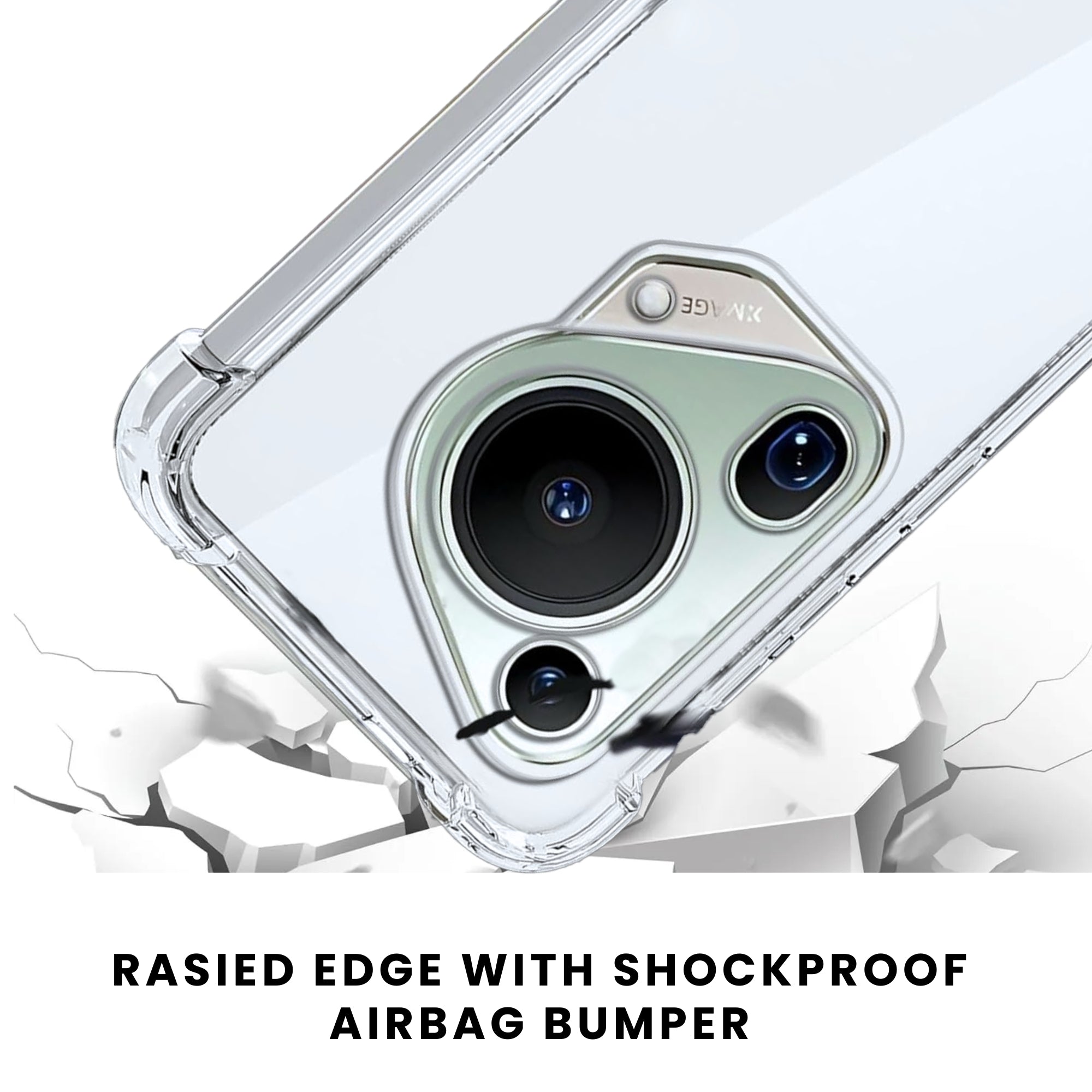 A clear protective case for a Huawei smartphone, showing the back and side view with raised bezels for screen and camera protection.
