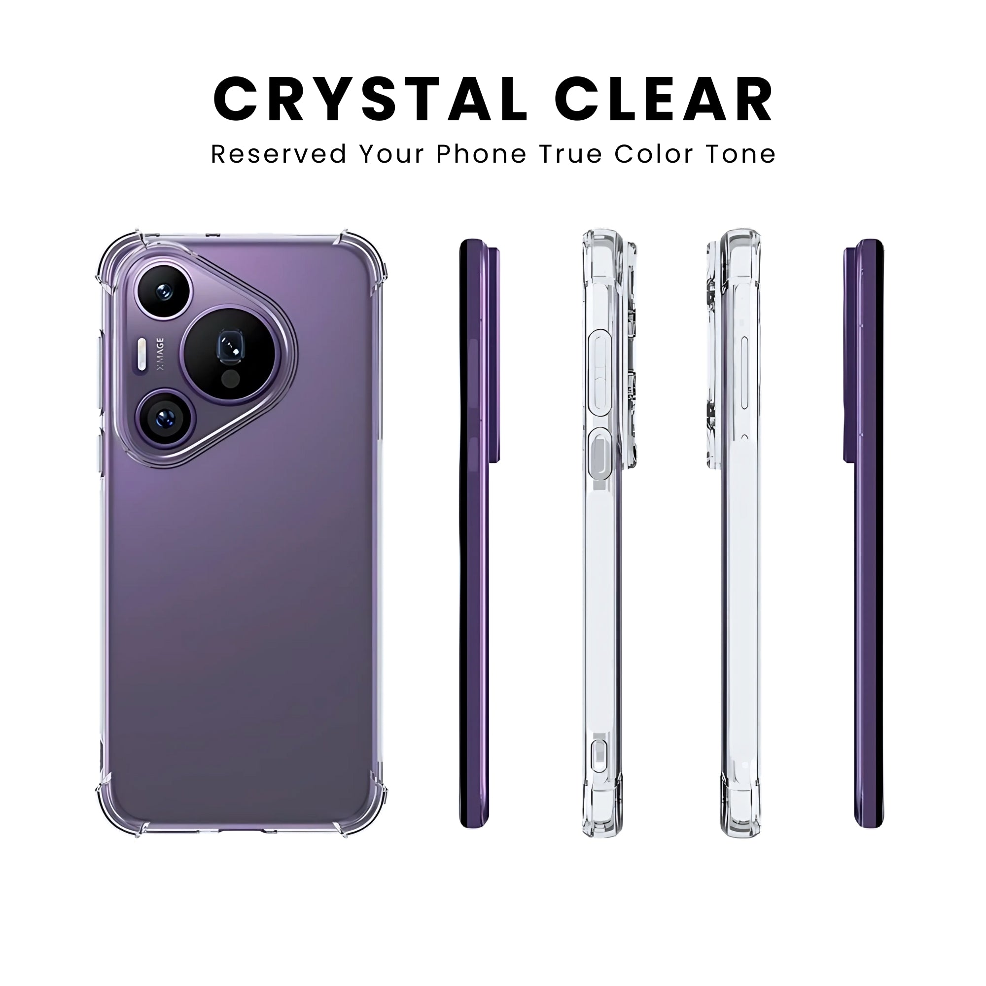 A clear protective case for a Huawei smartphone, showing the back and side view with raised bezels for screen and camera protection.